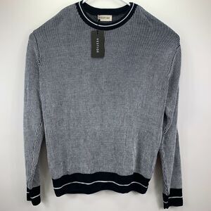 Vestige Mens Crewneck Acrylic Striped Knit Pullover Sweater Navy Blue White L